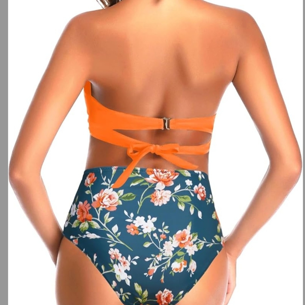Floral Halter Bikini Set - Orange and Blue - Picture 2 of 2